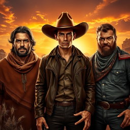 A striking Western scene titled 'The Bullet that Turned the Corner', showcasing three notorious gunmen
