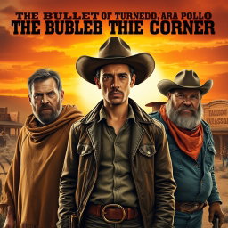 A striking Western scene titled 'The Bullet that Turned the Corner', showcasing three notorious gunmen