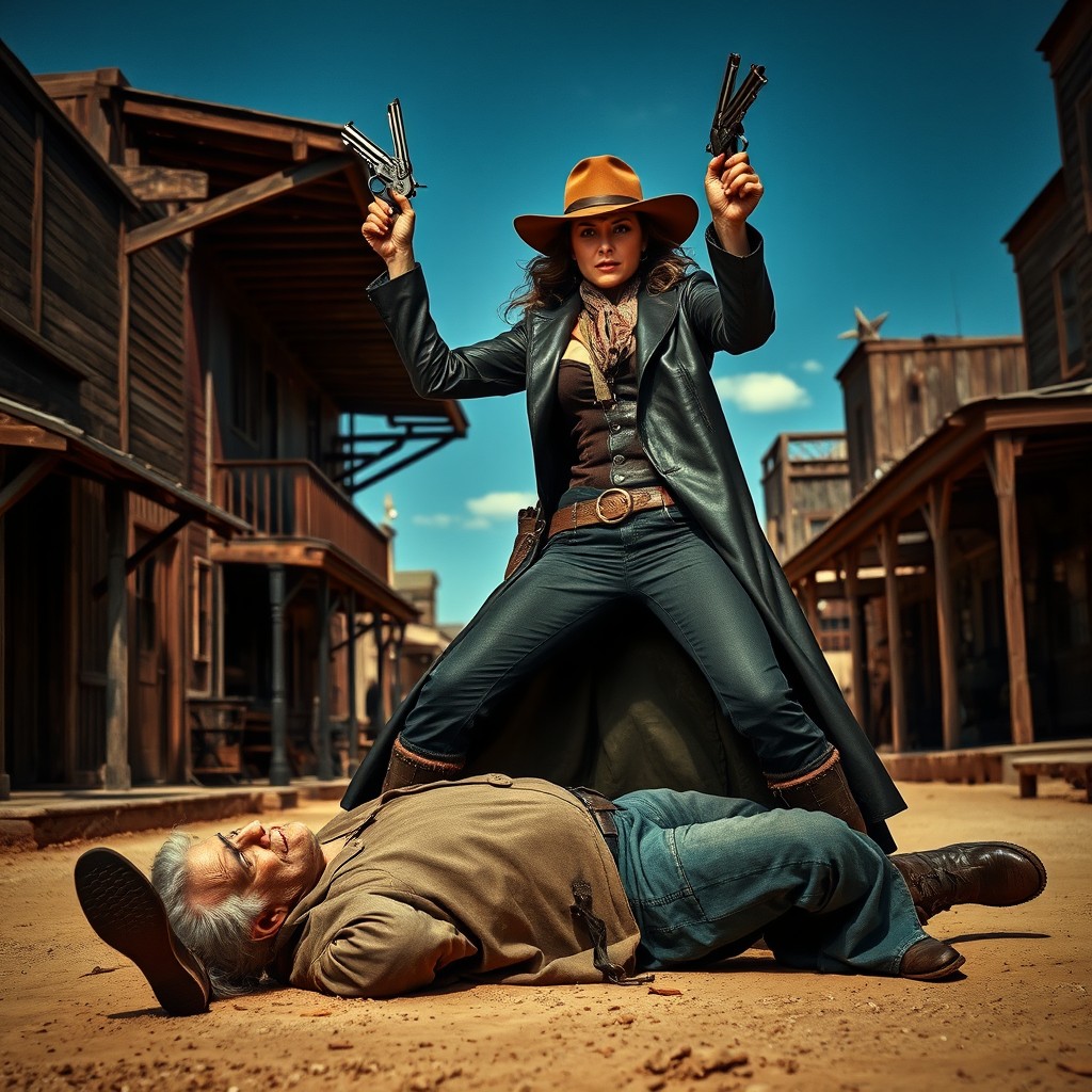 A dramatic scene featuring a strong woman dressed as a gunslinger, wearing a classic cowboy hat, long leather coat, and rugged boots