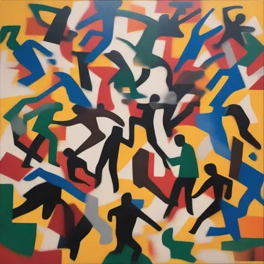 The abstract art piece portrayed a chaotic scene of individuals frantically hunting for meaning and purpose in a fast-paced society.