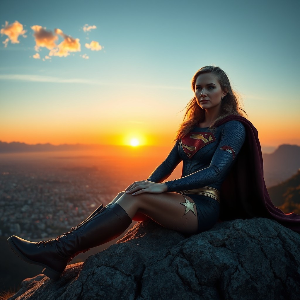 A scene depicting Supergirl, visibly wounded from battle, sitting relaxed on a mountaintop after an intense fight