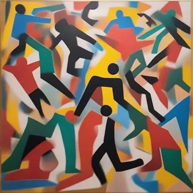 The abstract art piece portrayed a chaotic scene of individuals frantically hunting for meaning and purpose in a fast-paced society.