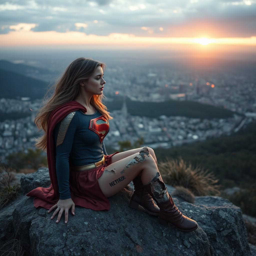 A scene showcasing Supergirl, injured and defeated from a recent battle, sitting on a mountaintop