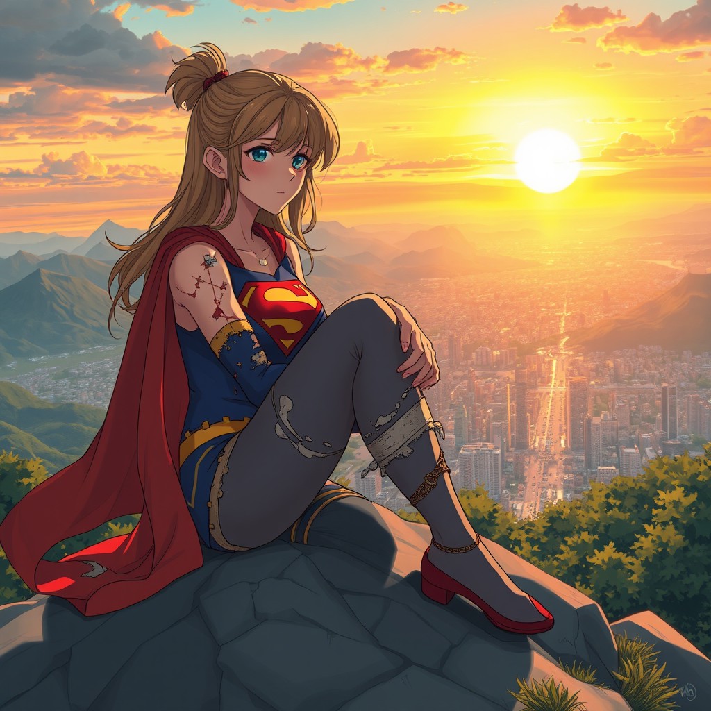 An anime-style illustration of Supergirl, visibly injured and defeated after a fierce battle, sitting on a mountaintop
