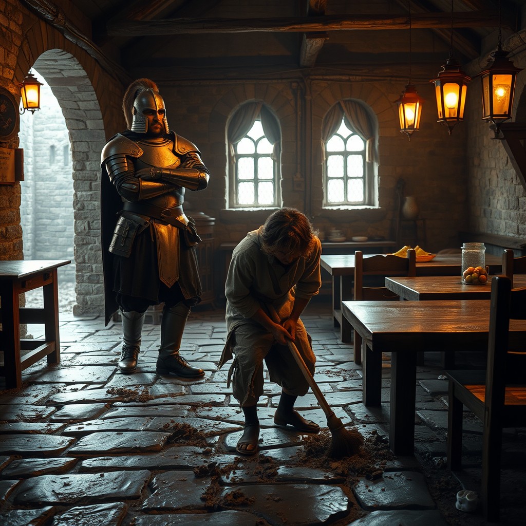 A dramatic scene inside a guardhouse's interior, depicting a disgraced young bard prisoner
