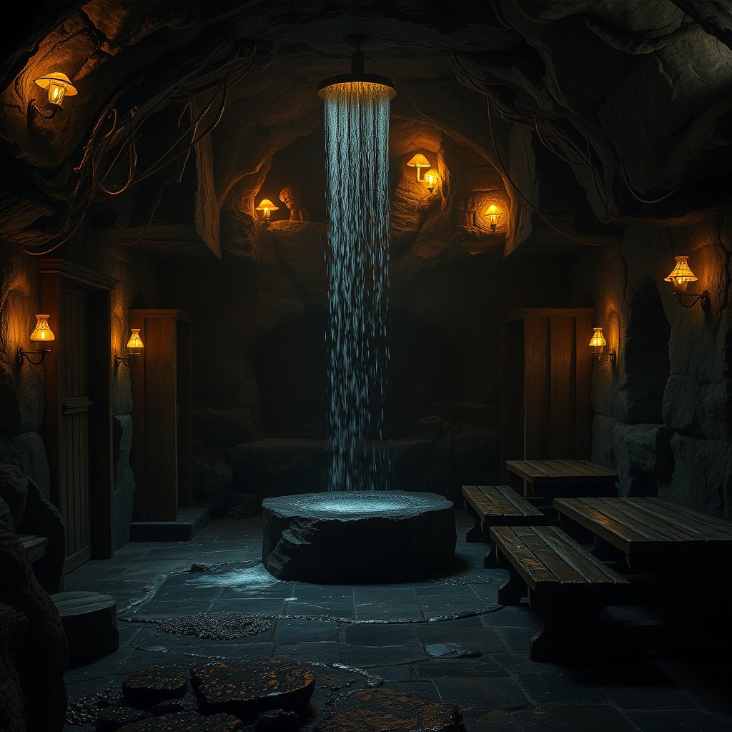 An atmospheric fantasy underground prison bathhouse, intricately carved into stone