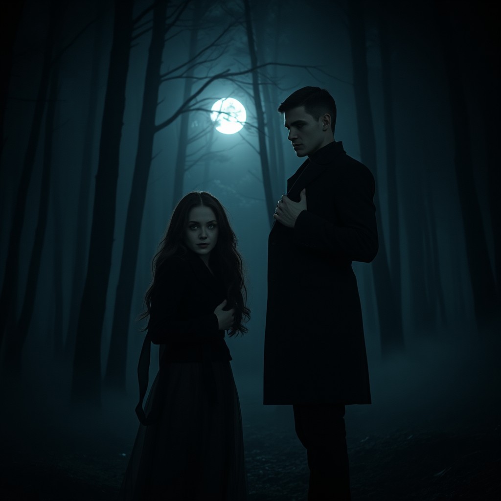 A dark, misty forest at night, enveloped in silence