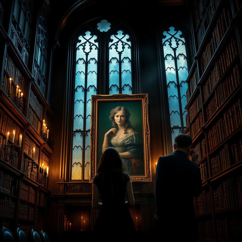 An old, grand library at night, dimly lit by flickering candlelight with moonlight streaming through tall, ornate windows