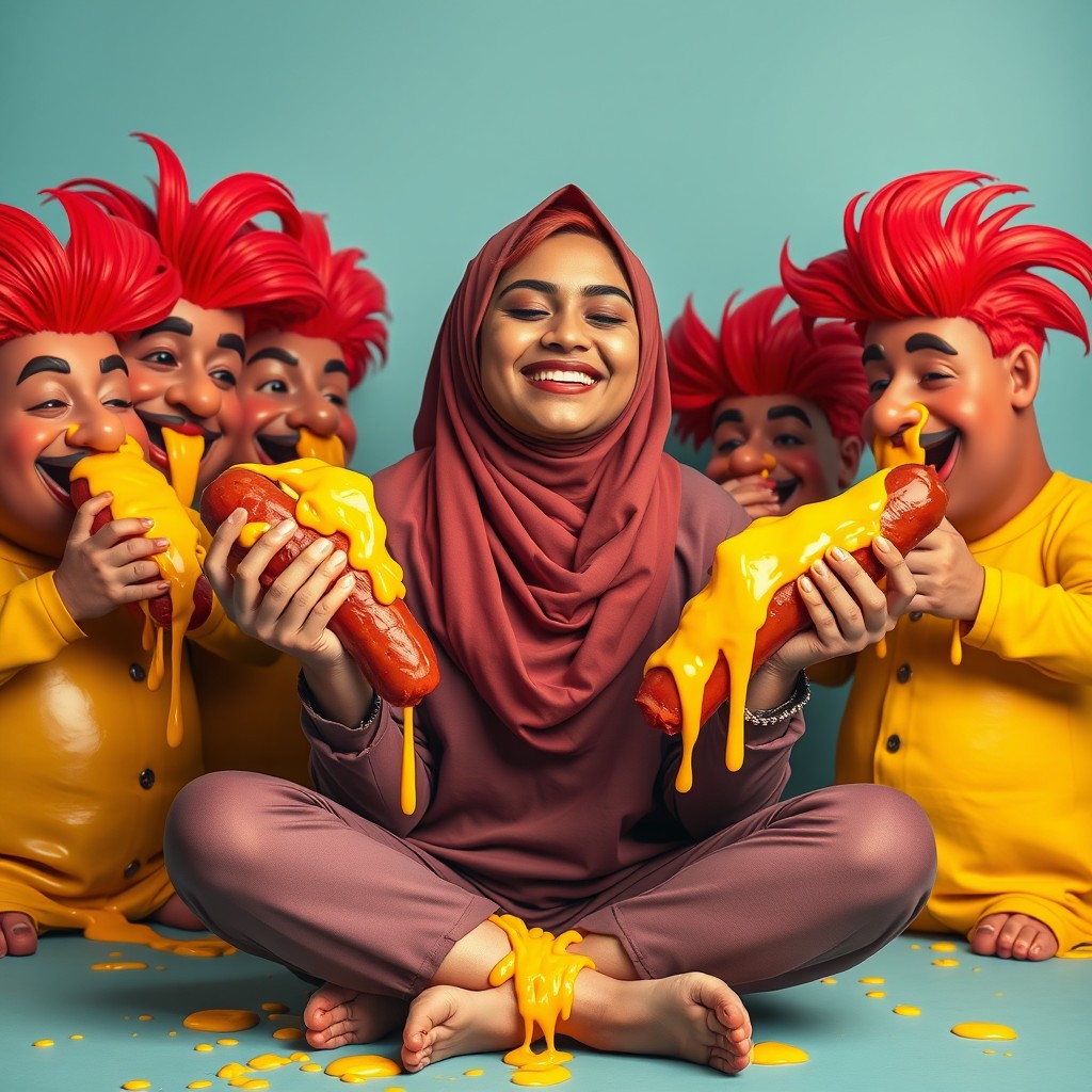 A whimsical and colorful scene featuring a young woman of Sri Lankan descent wearing a stylish hijab and makeup that gives her a vibrant and fashionable appearance, reminiscent of popular TikTok personalities