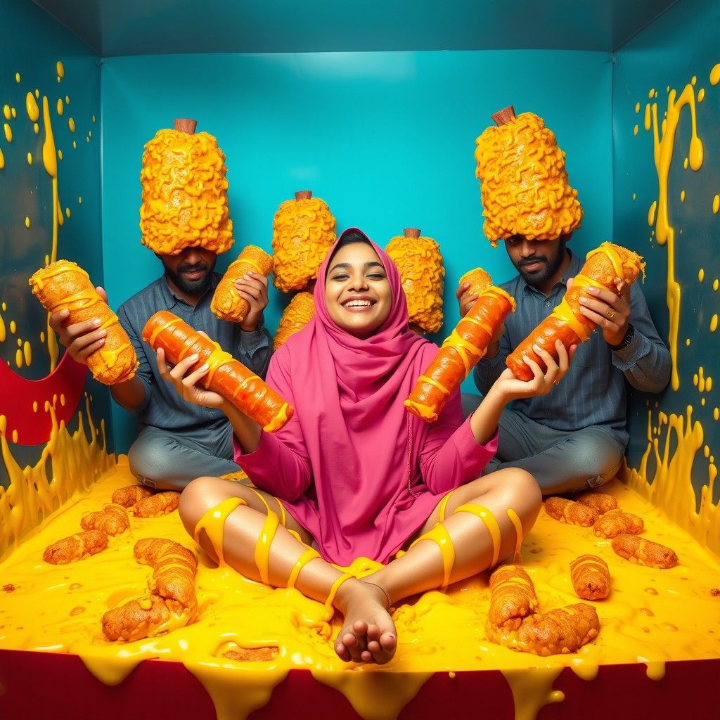 A colorful and whimsical scene featuring a young Sri Lankan woman in hijab, 18 years old, resembling a popular TikTok personality