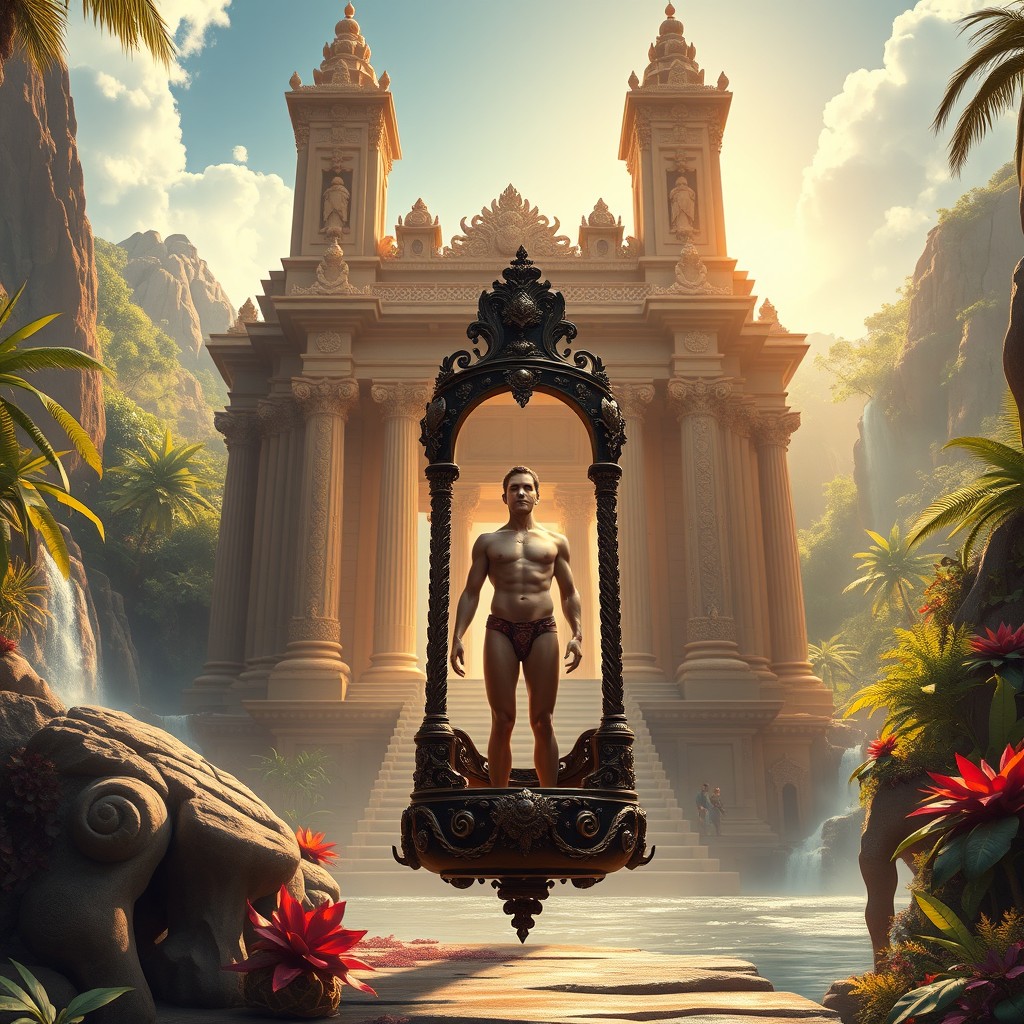 A surreal and imaginative artwork depicting a grand, ancient temple set in a lush, exotic landscape