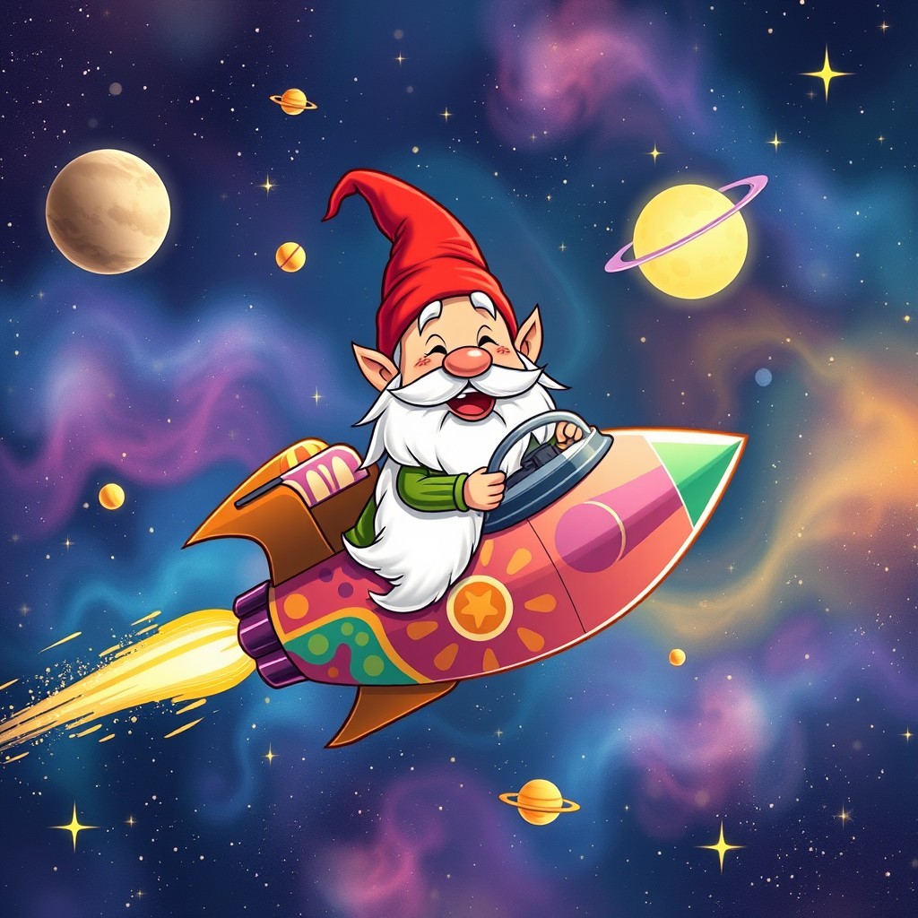 A whimsical scene depicting a cheerful cartoon gnome piloting a colorful spaceship, soaring through a vibrant, starry galaxy filled with twinkling stars and swirling nebulae