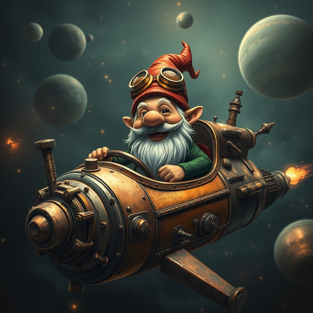 A grunge steampunk scene depicting a cheerful gnome piloting a vintage-inspired spaceship
