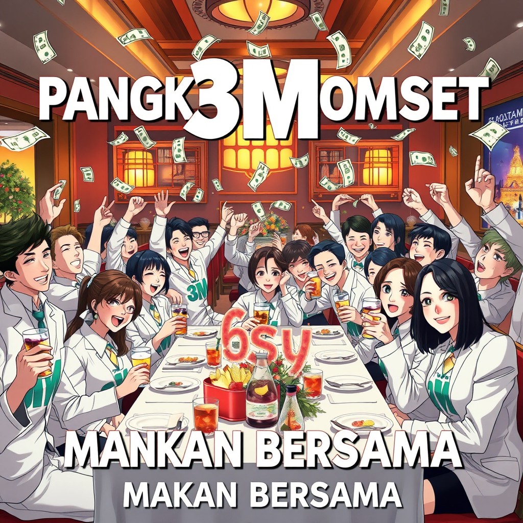 Create an anime-style poster that depicts a lively scene of many people joyfully dining together and celebrating, enjoying drinks of soju