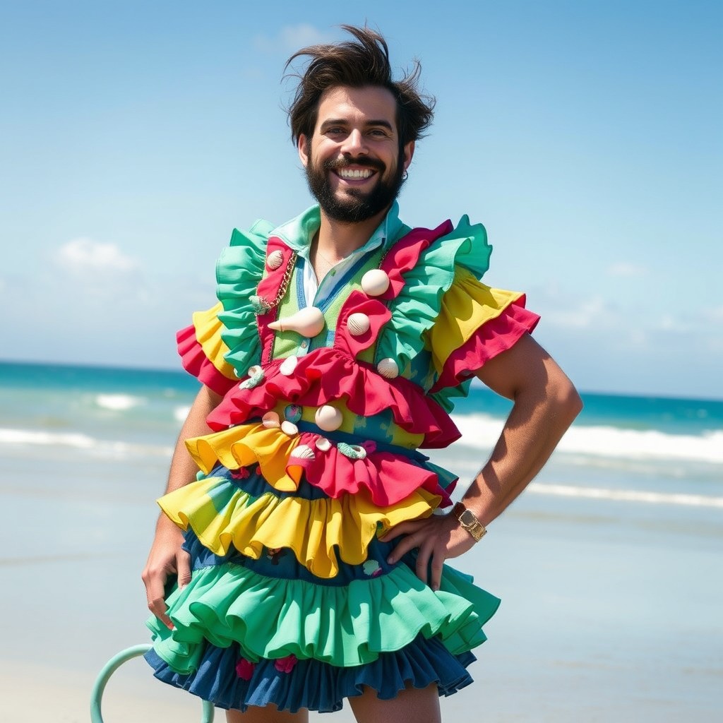 A playful reimagining of Quint, the iconic character from Jaws, wearing a frilly dress that blends elements of nautical fashion with a humorous twist