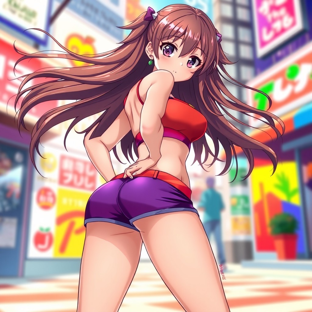 A stunning anime girl wearing stylish hot shorts that accentuate her curved body, with an expressive and confident pose