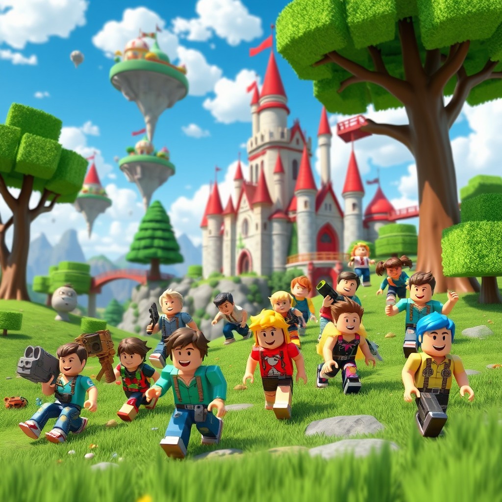 A vibrant and colorful scene depicting a group of diverse Roblox characters embarking on an exciting adventure in a fantastical, blocky world