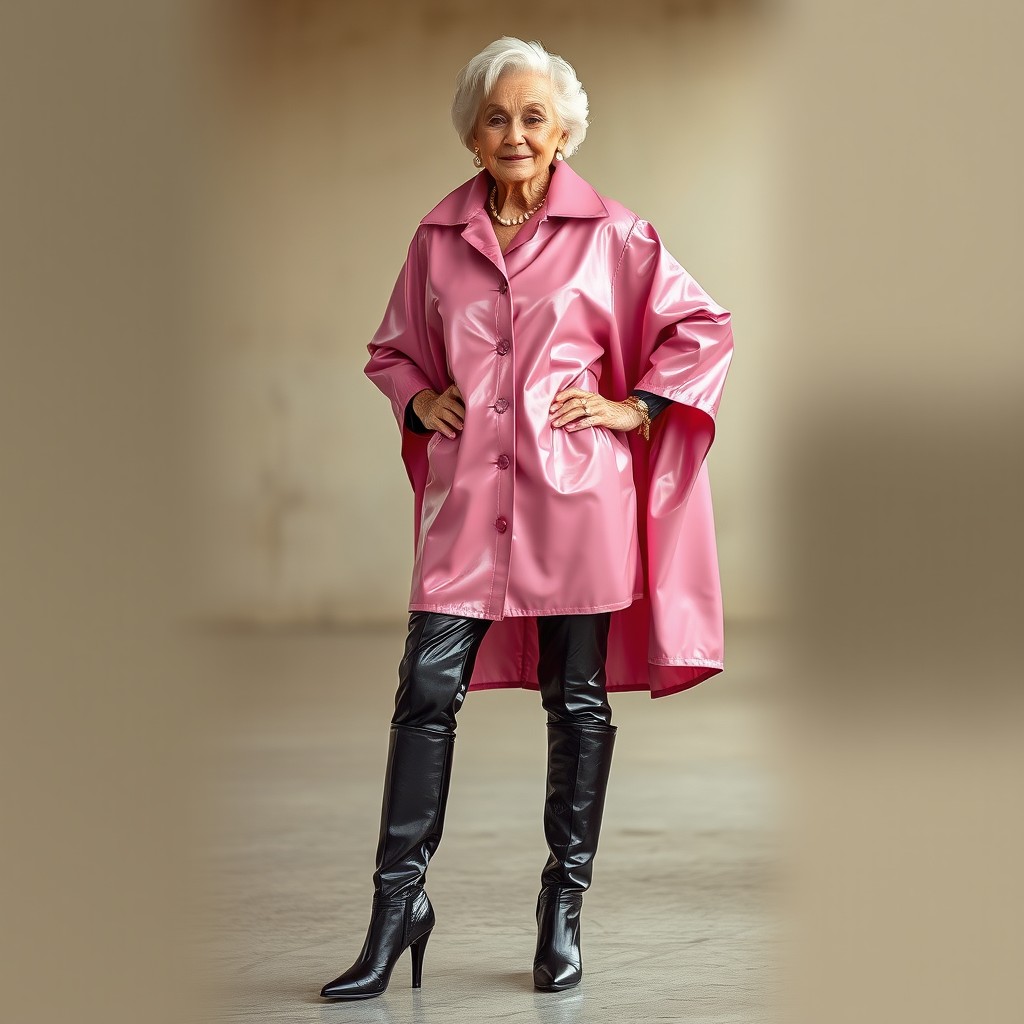 An elderly woman posing elegantly, wearing a shiny vinyl pink cape that drapes gracefully over her shoulders