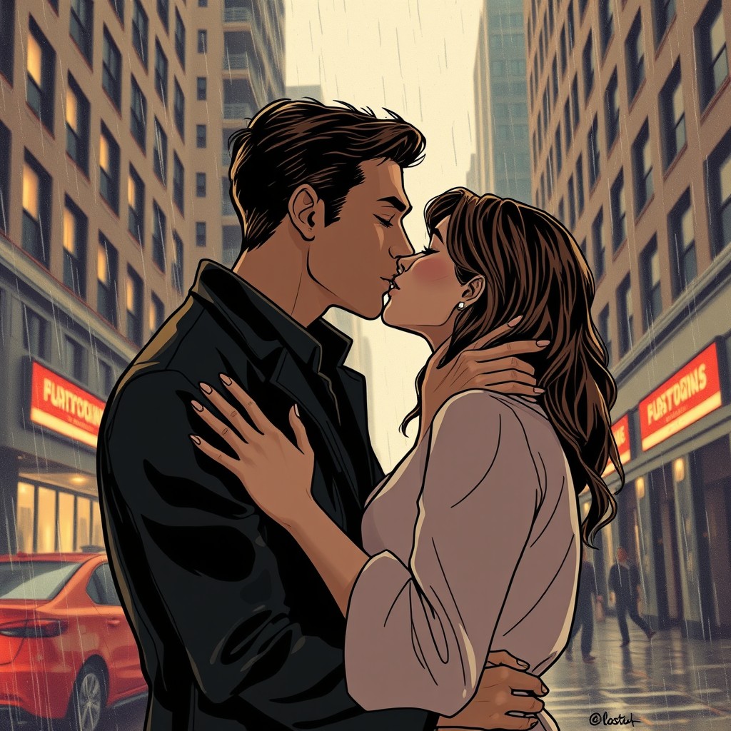 A romantic scene depicting a couple in a modern-day American city, reminiscent of New York or Chicago, as soft rain falls around them