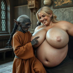 In a medieval room, a tiny elderly Goblin woman, characterized as a small black African with very dark skin and an emaciated body, has sharp, decayed teeth