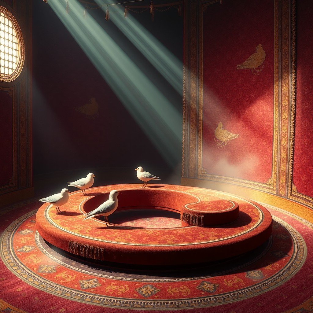 An atmospheric platformer game screen set in a world inside a Soviet carpet-palace adorned with Gullah motifs