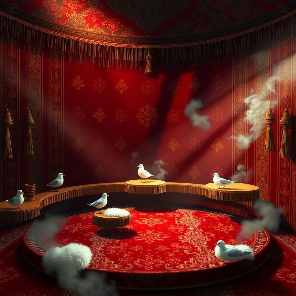 An atmospheric platformer game screen set inside a Soviet carpet-palace adorned with Gullah motifs