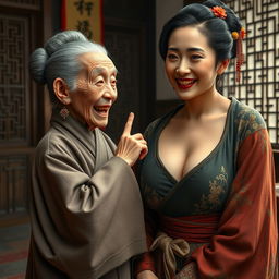 In a medieval Chinese room, a tiny, extremely small and malnourished elderly Chinese woman with rotten teeth is dressed in a long, closed Buddhist robe