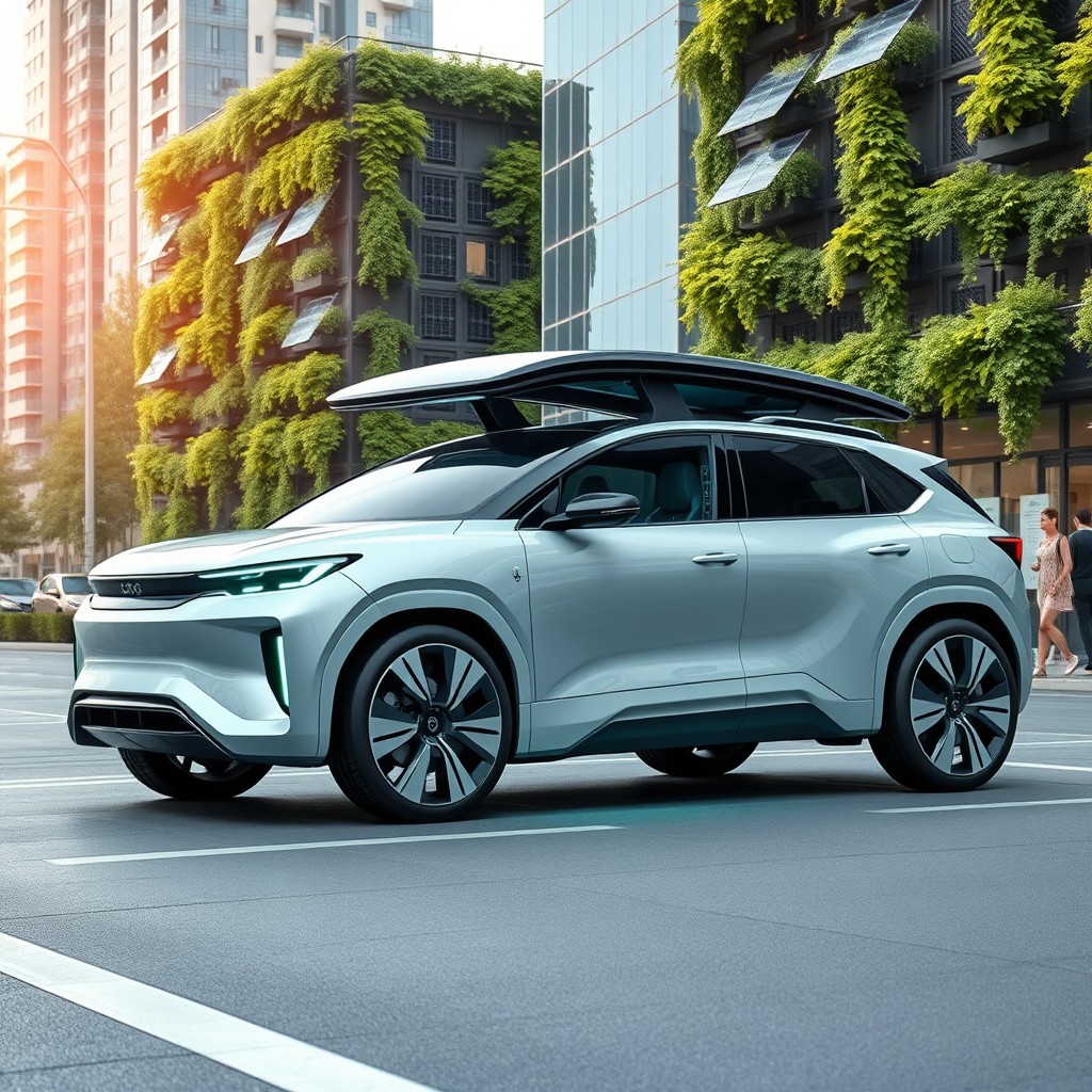 A sleek and modern futuristic eco-friendly crossover utility vehicle (CUV) designed with aerodynamic curves and an innovative solar panel roof
