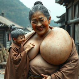 In a medieval Chinese village, a tiny, elderly Indonesian woman appears, petite with a malnourished body, featuring sharp, decayed teeth