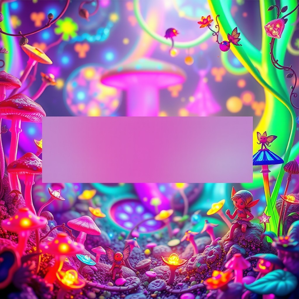 A vibrant and psychedelic fantasy scene featuring small, cute, and colorful elves or fairies, surrounded by glowing plants, mushrooms, and magical lights