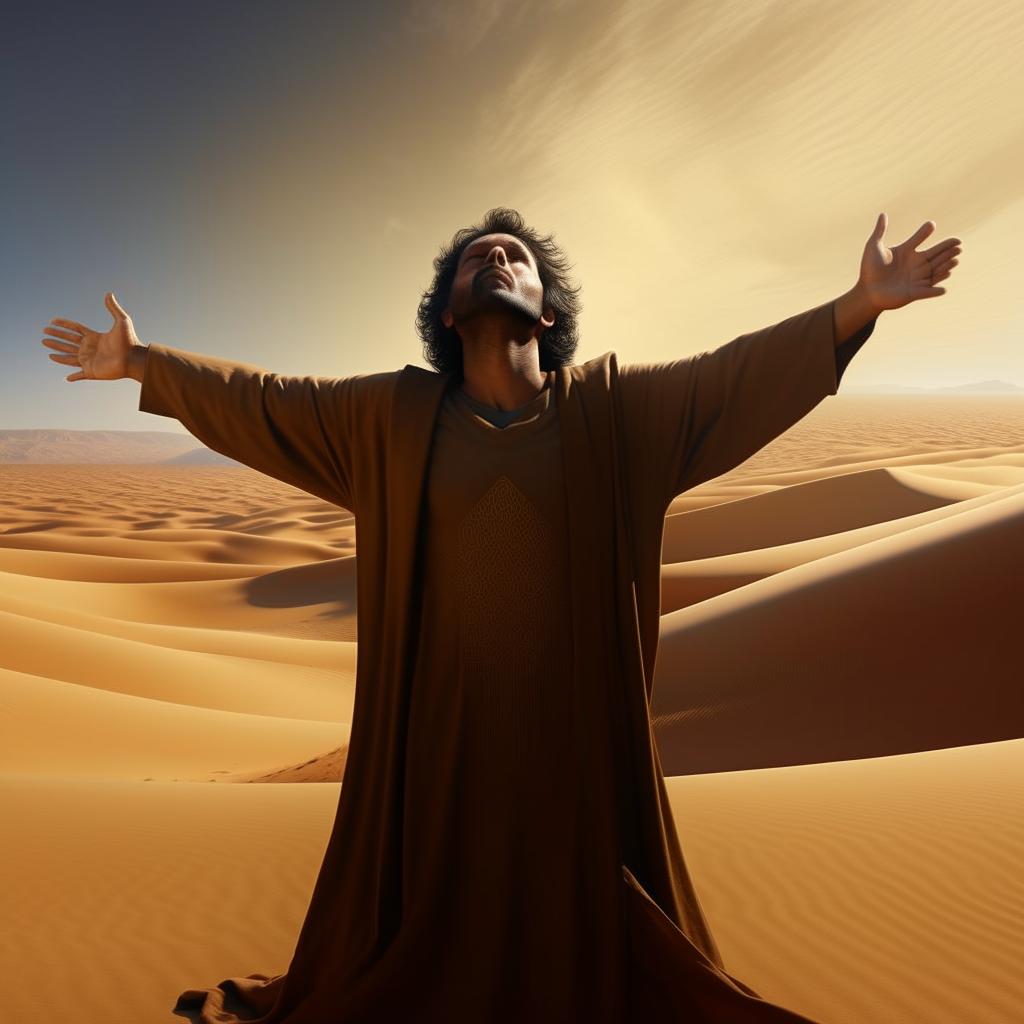 A 4K image suitable for t-shirt merchandise featuring Paul Muaddib Atreides from Dune, depicted in an uplifting pose.