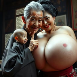 In a medieval Chinese room, there is a tiny elderly Indonesian woman, extremely small and malnourished, with sharp, rotten teeth and styled in a gray hair bun