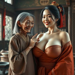 In a Chinese medieval room, a tiny elderly Indonesian woman, extremely petite and emaciated with medium-length hair, has sharp, decayed teeth and is dressed in a long, closed Buddhist robe