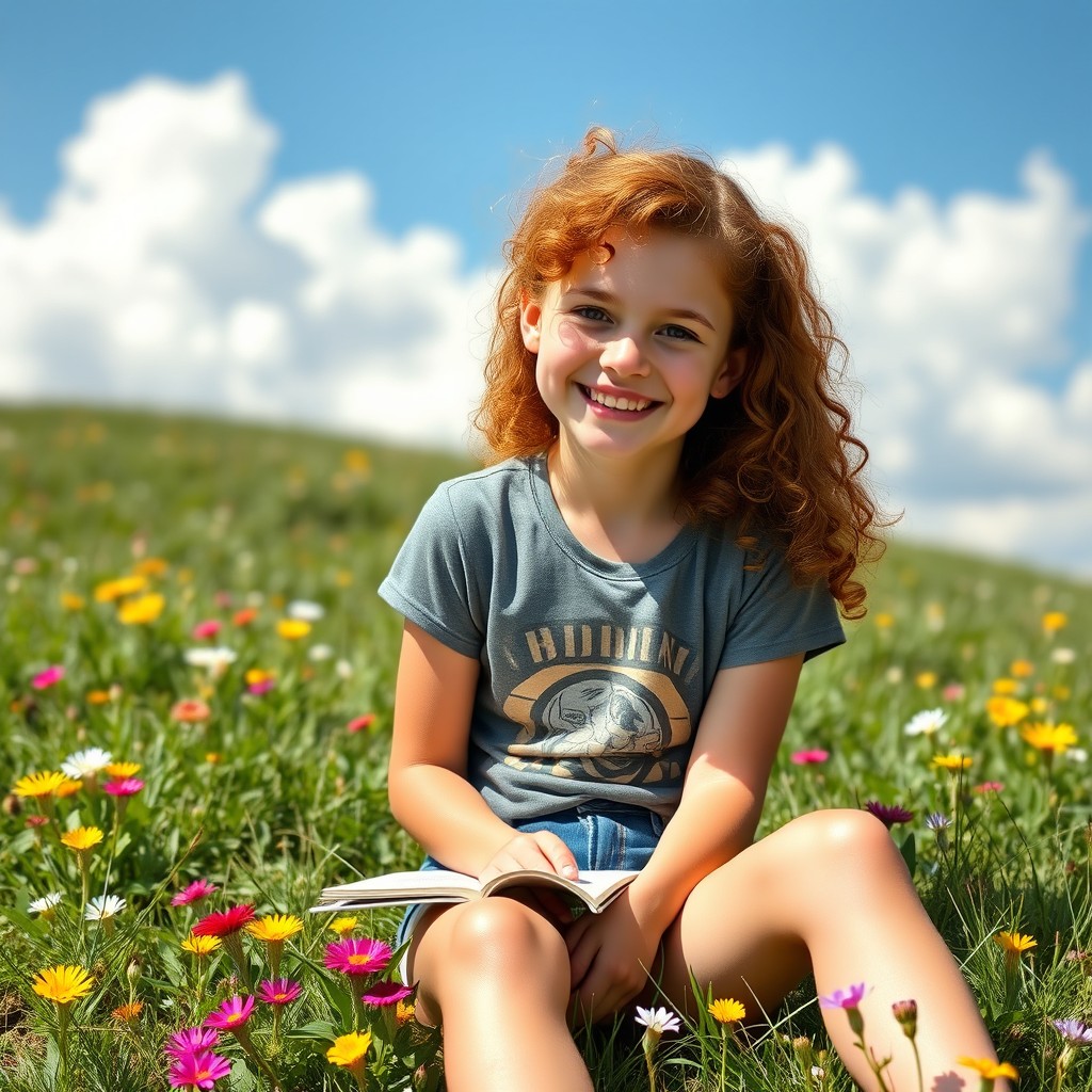 A cheerful adolescent girl with curly auburn hair, wearing a casual and trendy outfit consisting of a graphic tee and denim shorts