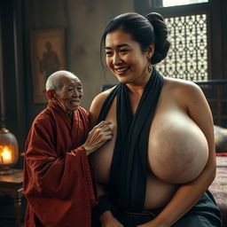 In a medieval Chinese bedroom, there is a tiny Indonesian elderly woman, characterized by a severely malnourished physique and sharp, decayed teeth