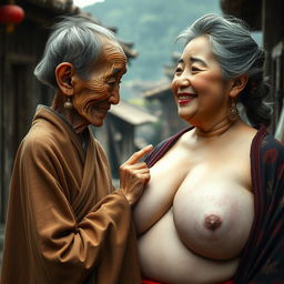 In a medieval Chinese village, there is a tiny elderly Indonesian woman, characterized by a severely malnourished physique and sharp, decayed teeth