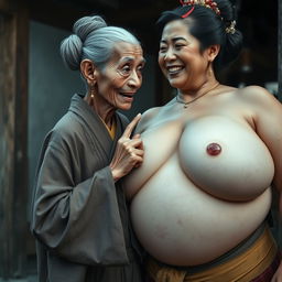 In a medieval Chinese village, an elderly, minuscule Indonesian woman with a malnourished body and sharp, decayed teeth is wearing a long, completely closed Buddhist robe