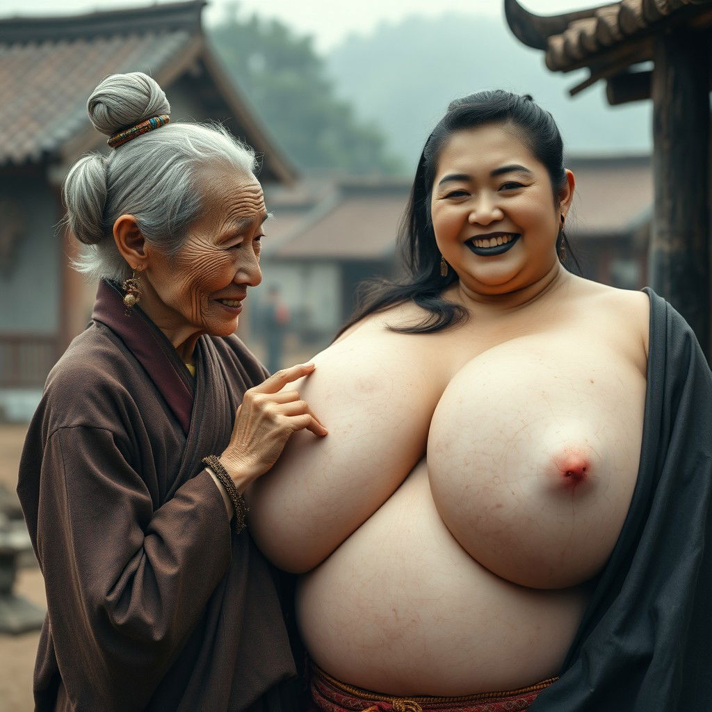 In a medieval Chinese village, a very petite Indonesian elderly woman with a malnourished body and sharp, decayed teeth is wearing a long, completely closed Buddhist robe