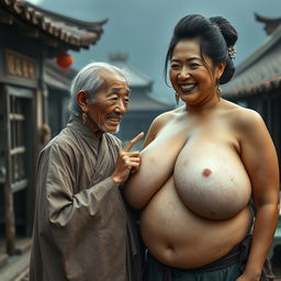 In a medieval Chinese village, a very petite Indonesian elderly woman with a malnourished body and sharp, decayed teeth is wearing a long, completely closed Buddhist robe