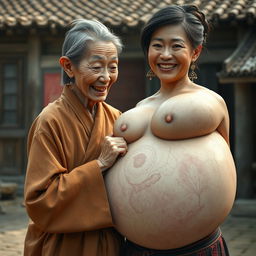 In a medieval Chinese village, a very petite Indonesian elderly woman with a malnourished body and sharp, decayed teeth is dressed in a long, completely closed Buddhist robe