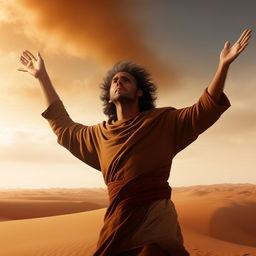 A 4K image suitable for t-shirt merchandise featuring Paul Muaddib Atreides from Dune, depicted in an uplifting pose.