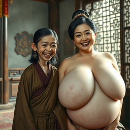 In a medieval Chinese room, a young, very small, malnourished Indonesian woman is depicted with sharp, decayed teeth, dressed in a long, fully closed Buddhist robe