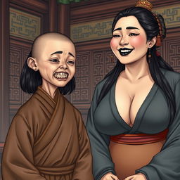 In a medieval Chinese room, a young, very small, malnourished Indonesian woman is depicted with sharp, decayed teeth, dressed in a long, fully closed Buddhist robe