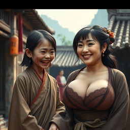 In a medieval Chinese village, a very small, young, malnourished Indonesian woman is depicted with sharp, decayed teeth, dressed in a long, fully closed Buddhist robe