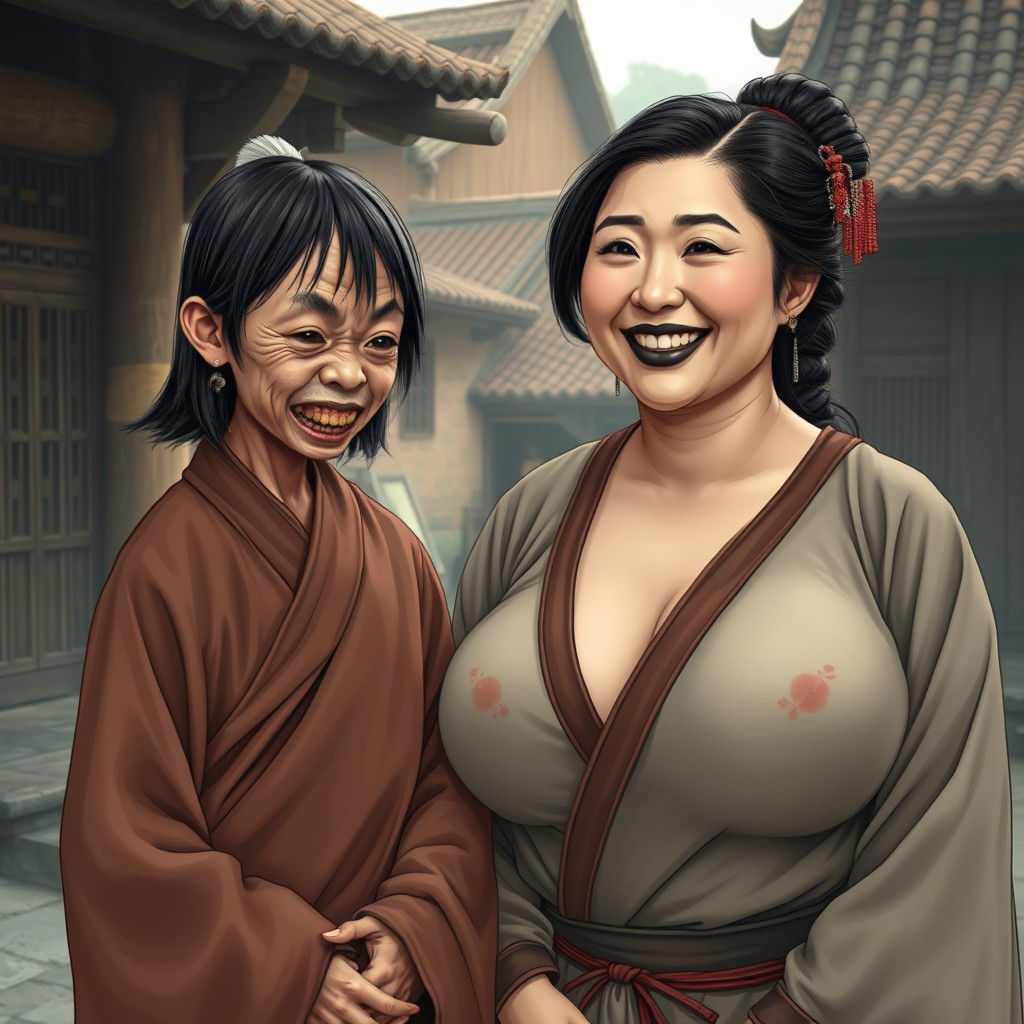 In a medieval Chinese village, a very small, young, malnourished Indonesian woman is depicted with sharp, decayed teeth, dressed in a long, fully closed Buddhist robe