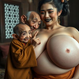 In a medieval Chinese bedroom, there is a tiny, malnourished elderly Indonesian dwarf with sharp, decayed teeth, dressed in a long, fully closed Buddhist robe