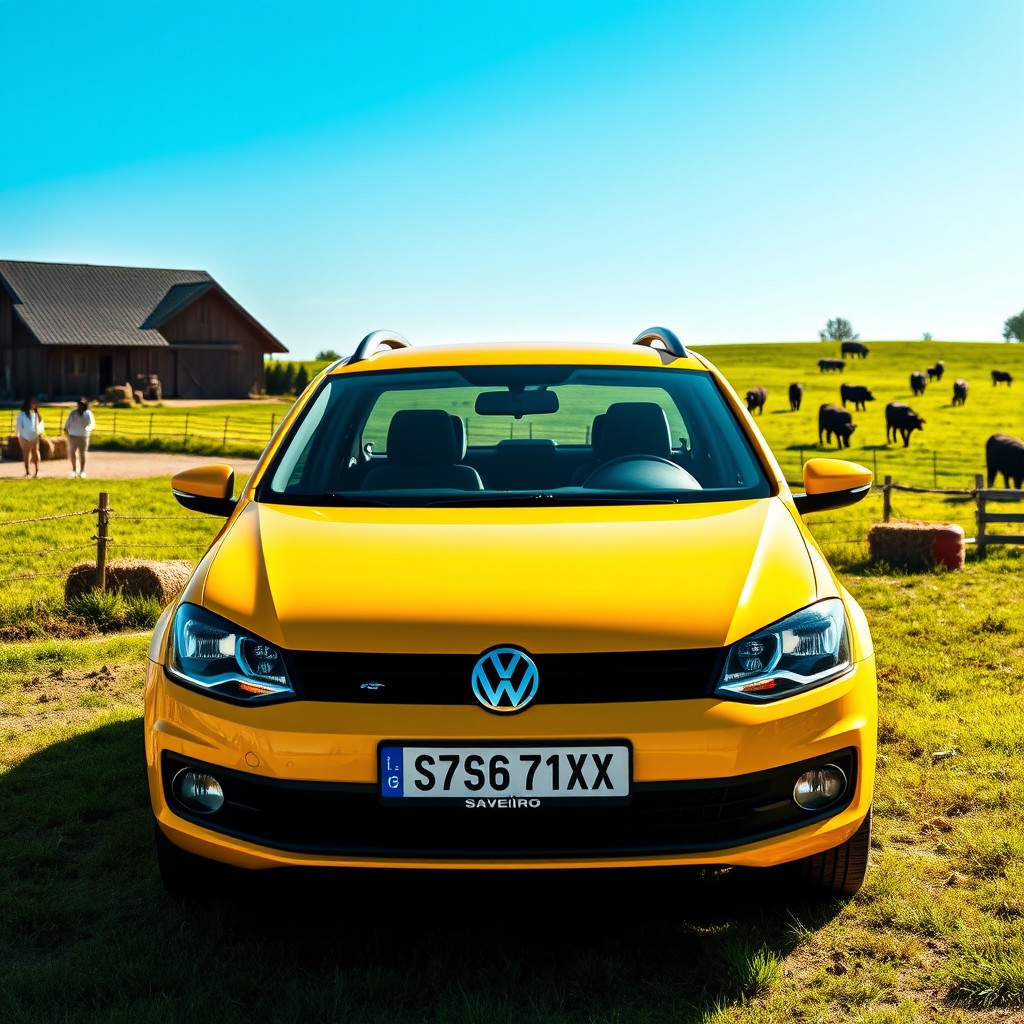 A vibrant yellow Volkswagen Saveiro parked in a picturesque farmhouse setting, surrounded by a serene landscape of cows grazing in the meadow
