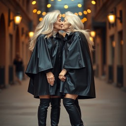 Two elderly women, both referred to as grannies, share a tender kiss, showcasing their affection and love for one another