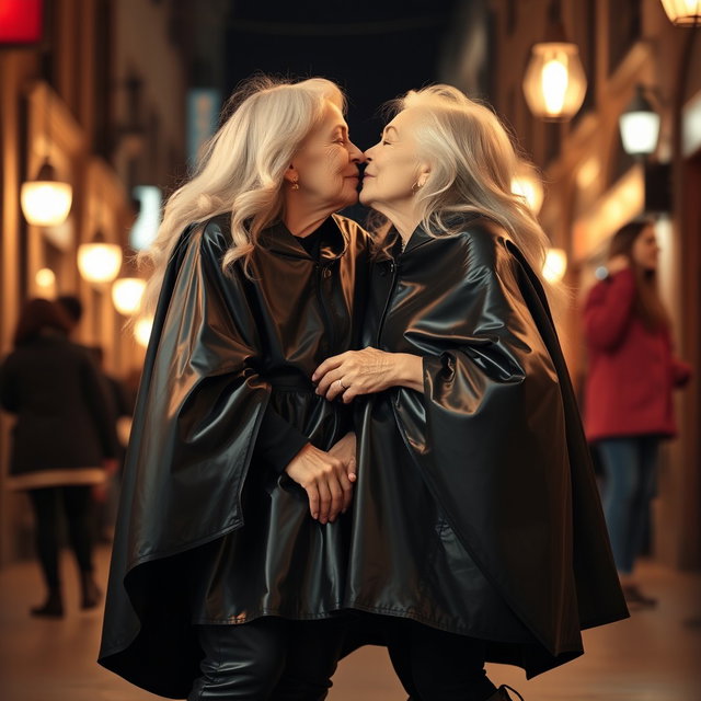 Two elderly women, both referred to as grannies, share a tender kiss, showcasing their affection and love for one another