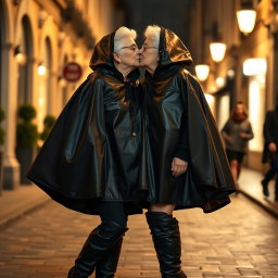 Two elderly women share a loving kiss, both adorned in elegant black vinyl capes with hoods that add a touch of mystery and style